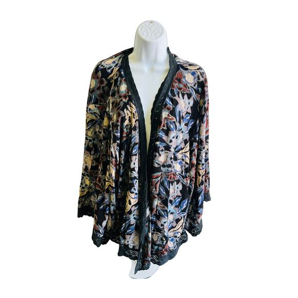 Free People M Boho Floral Velvet Lace Trim Kimono Jacket Cottagecore Festival - Picture 1 of 4